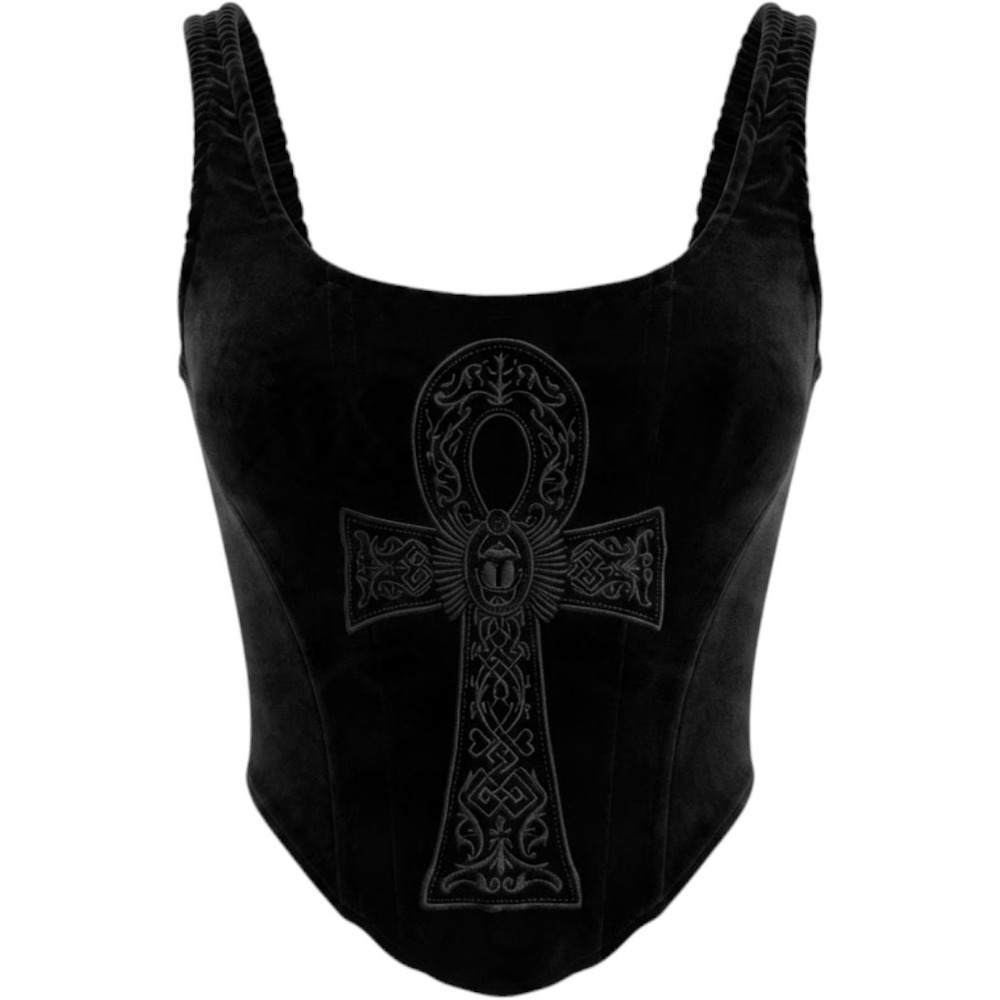 Killstar Grimwhisper Ankh Corset Black Velvet Top XXL Gothic Egyptian Scarab